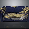 Old Blue Sofa With Torn Fabric Exposing Yellow Stuffing And Worn Edges