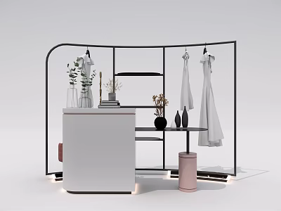 Black Metal Curved Clothes Hanger with Hanging Clothes Decorative Vases and White Counter 3d model