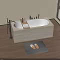 Modern Freestanding Bathtub With Wooden Floor Window View And Bath Products On Platform