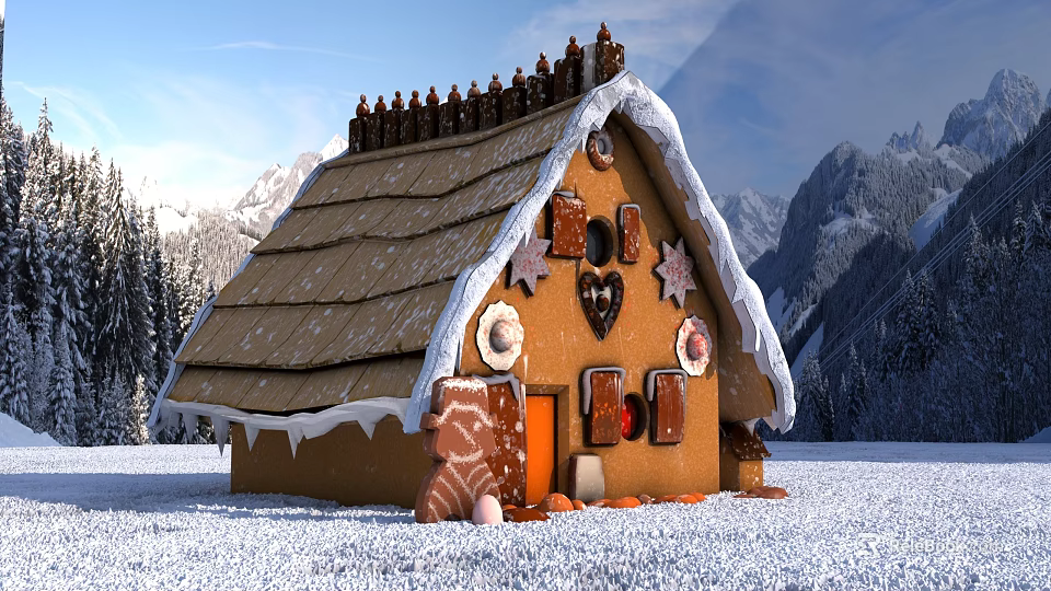 Charming Cartoon Scene Gingerbread House With Snowy Mountain Backdrop Forest And Sweet Cookie Decorations 3d model 