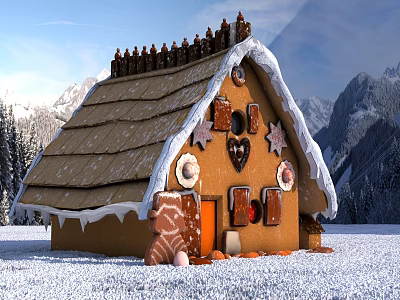 Charming Cartoon Scene Gingerbread House With Snowy Mountain Backdrop Forest And Sweet Cookie Decorations 3d model