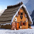 Charming Cartoon Scene Gingerbread House With Snowy Mountain Backdrop Forest And Sweet Cookie Decorations