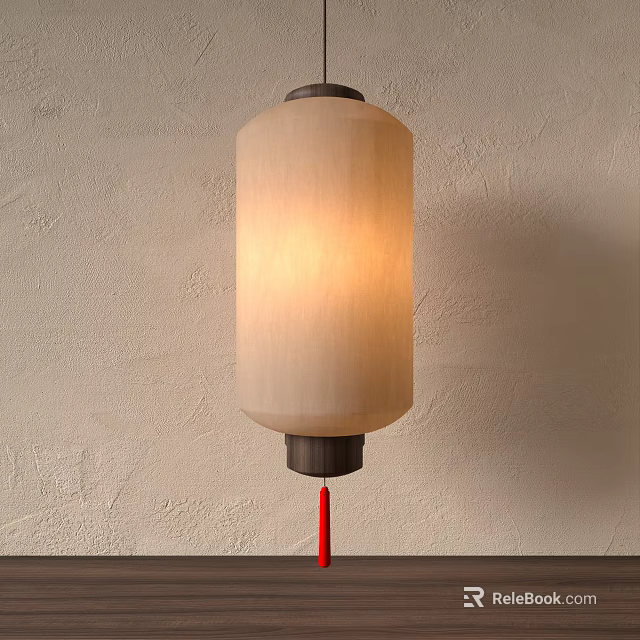 Traditional Chinese Wooden Lantern With Beige Shade Warm Light And Red Tassel Hanging On Wall 3d model 