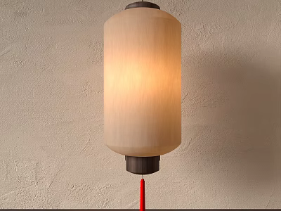 Traditional Chinese Wooden Lantern With Beige Shade Warm Light And Red Tassel Hanging On Wall 3d model