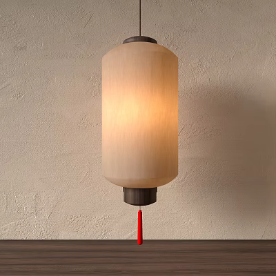 Traditional Chinese Wooden Lantern With Beige Shade Warm Light And Red Tassel Hanging On Wall 3d model
