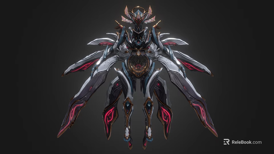 Game Movie Character With Mechanical Winged Metallic Armor And Red Glowing Accents 3d model 
