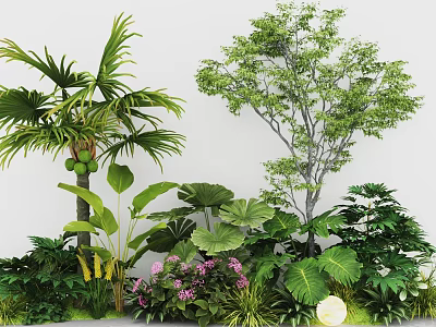 Lush Garden Landscape With Palm Tree Diverse Trees Large Leafy Plants Purple Flowers Small Shrubs 3d model