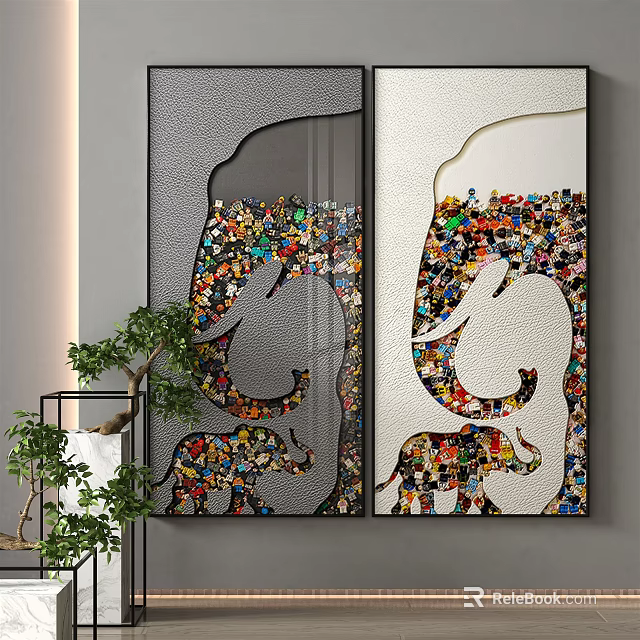 Colorful Elephant Collage Two Panel Wall Art For Modern Home Interior 3d model