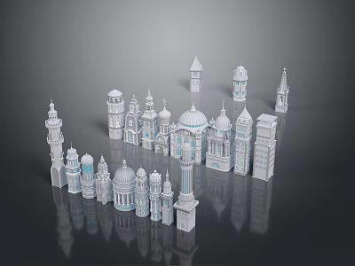White And Light Blue 3D Architectural Model Buildings With Various Towers Domes And Reflection 3d model