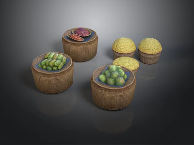 Assorted Fresh Food Items in Wicker Baskets Including Green Vegetables Yellow Grains and Red Produce 3d model