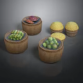 Assorted Fresh Food Items in Wicker Baskets Including Green Vegetables Yellow Grains and Red Produce