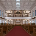 Religious Church Interior With Wooden Pews Red Carpet Aisle Altar And Stained Glass Windows