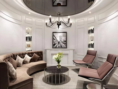 Luxury Modern Lounge Area With Curved Sofa Armchairs Chandelier Bookshelves And Decorative Painting 3d model