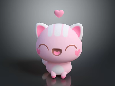 Cute Pink Cartoon Cat With White Stripes Smiling Face And Heart On Head 3d model