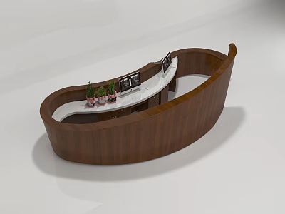 Modern Curved Wooden Reception Desk With Decorative Plants And Photo Frames On Counter 3d model