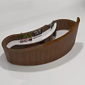 Modern Curved Wooden Reception Desk With Decorative Plants And Photo Frames On Counter