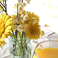 Fresh Lemon Flavored Drinks And Ice Cream With Decorative Flowers In Glassware