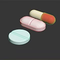 White Round And Oval Pills With Red White Capsule On Dark Reflective Surface 3d model