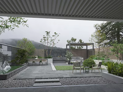 Tranquil Courtyard Garden With Wooden Pergola Outdoor Seating Lush Greenery And Mountain View 3d model