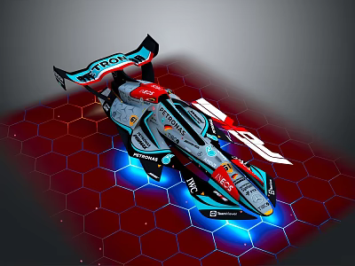 Futuristic Formula 1 Car With Blue Red Neon Lights On Hexagonal Red Base 3d model