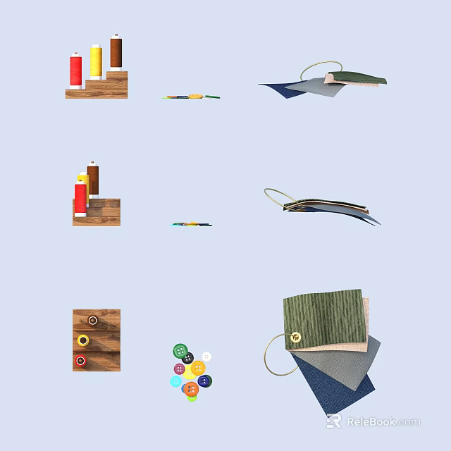 Household Items With Colored Pens Notebook Binders Fabric Rolls And Wooden Button Boards 3d model 