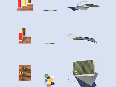 Household Items With Colored Pens Notebook Binders Fabric Rolls And Wooden Button Boards 3d model