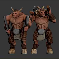 Two Red Horned Fantasy Creatures Holding Weapons With Furry Skins And Muscular Build