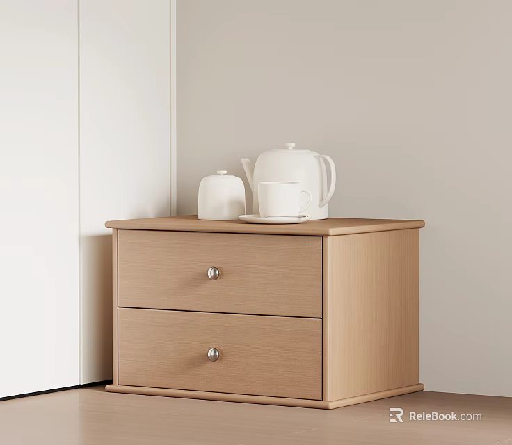 Light Wood Nightstand With Two Drawers Silver Handles And White Teapot Cup On Tray 3d model 