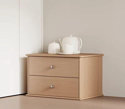 Light Wood Nightstand With Two Drawers Silver Handles And White Teapot Cup On Tray 3d model