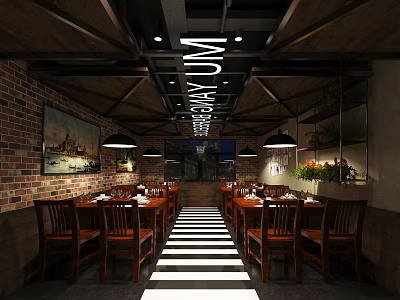 Industrial Style Restaurant Interior With Brick Walls Long Tables Wooden Chairs Pendant Lights And Green Plants 3d model