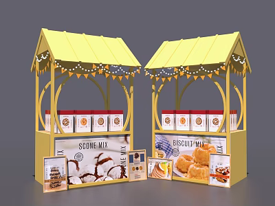 Yellow Market Stalls With Decorative Roofs Display Cookie And Biscuit Mix Products 3d model