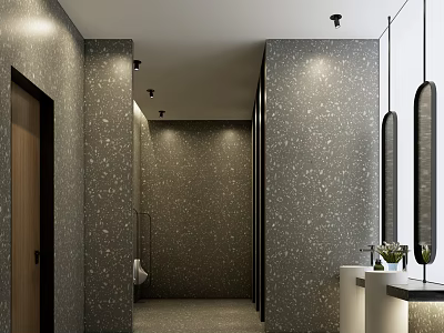 Hotel Bathroom Interior Design With Gray Terrazzo Walls Vanity And Modern Lighting 3d model