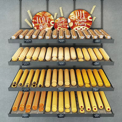 Multi layer Display Shelves With Various Shaped Biscuits Red Decorative Signs And LOVE PIZZA Letters 3d model