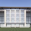 Modern Office Building With Glass Curtain Wall Stone Facade Green Lawn And Blue Sky