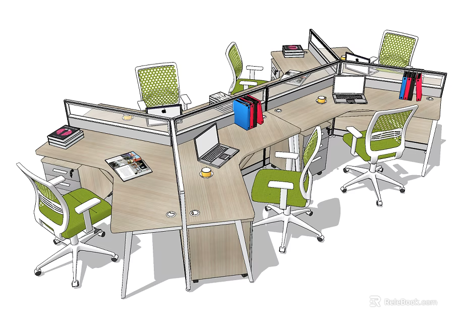 Modern Open Office Workstations With Green Chairs Laptops Dividers And Documents 3d model