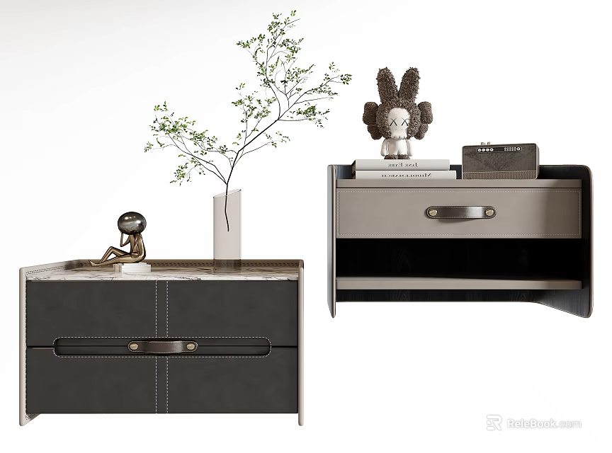 Elegant Modern Bedside Tables With Marble Top Leather Drawer And Green Plant Decor 3d model 