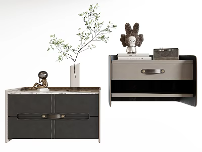 Elegant Modern Bedside Tables With Marble Top Leather Drawer And Green Plant Decor 3d model