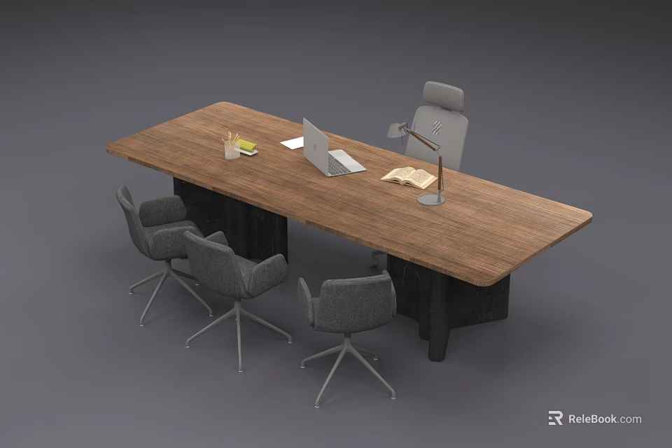 Modern Wooden Office Desk With Laptop Lamp Open Book Pencil Cup And Gray Chairs 3d model 