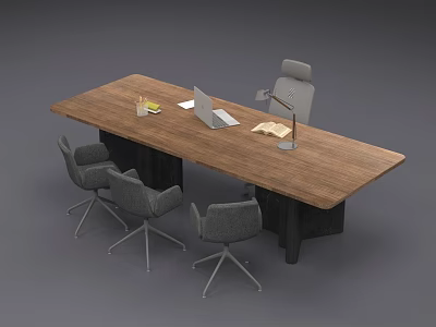 Modern Wooden Office Desk With Laptop Lamp Open Book Pencil Cup And Gray Chairs 3d model