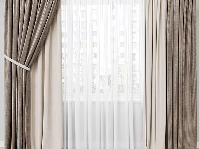 Elegant Double Layer Curtains With White Sheer And Brown Drapes Letting Natural Light 3d model