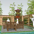 Garden Courtyard Featuring Bamboo Plants Tiered Flower Stands Wooden Benches Stone Paved Path And Sculptures