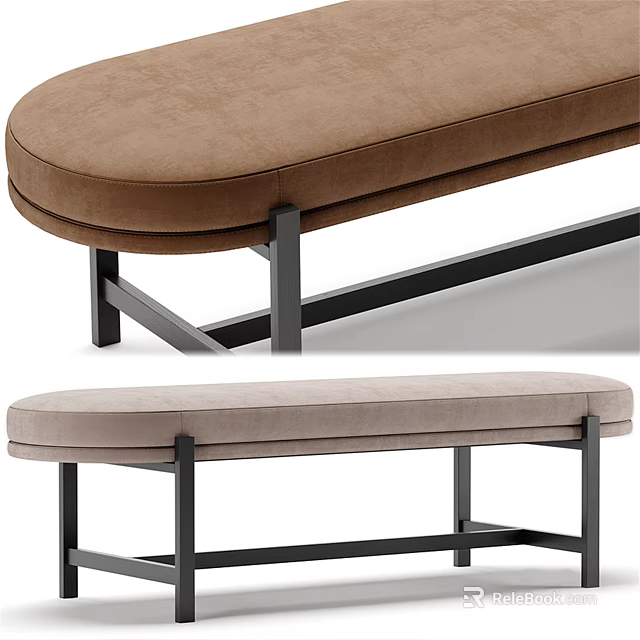 Modern Upholstered Bench With Brown Beige Fabric And Metal Frame Minimalist Design 3d model 