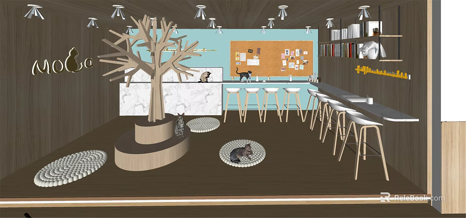 Shopping Mall Pet Cafe Interior With Decorative Tree Corkboard Wall And Cats On Pet Beds 3d model 