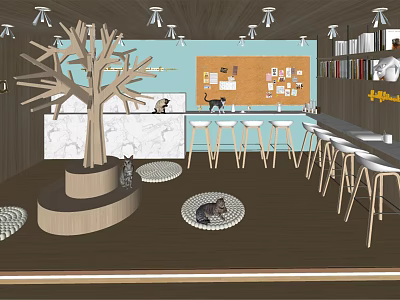 Shopping Mall Pet Cafe Interior With Decorative Tree Corkboard Wall And Cats On Pet Beds 3d model