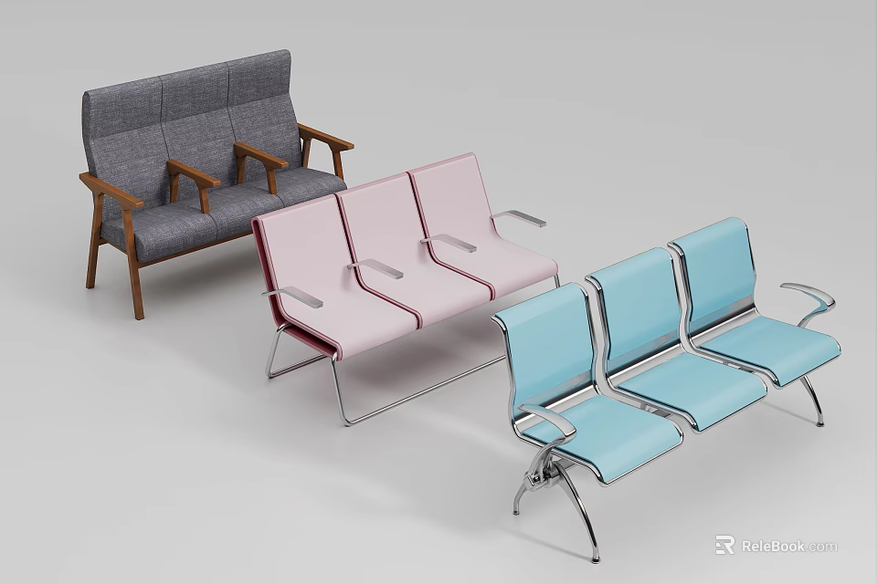 Public Chairs Including Gray Double Seat With Wooden Armrests Pink And Blue Triple Seats 3d model 