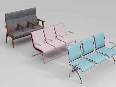 Public Chairs Including Gray Double Seat With Wooden Armrests Pink And Blue Triple Seats 3d model