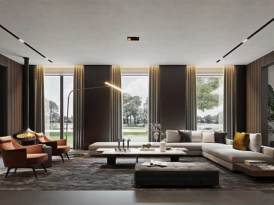 Modern Living Room Interior With Sofa Armchair Floor Lamp Rug And Floor to Ceiling Windows 3d model