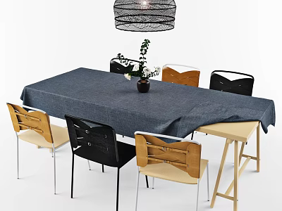 Dining Table Set with Navy Blue Tablecloth Wooden Black Chairs Side Table Hanging Lamp Plant 3d model