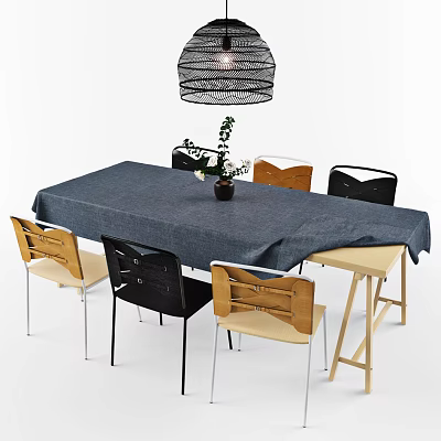 Dining Table Set with Navy Blue Tablecloth Wooden Black Chairs Side Table Hanging Lamp Plant 3d model