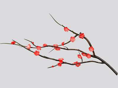 Elegant Stone Wood Decorative Branch With Red Flowers And Natural Design 3d model